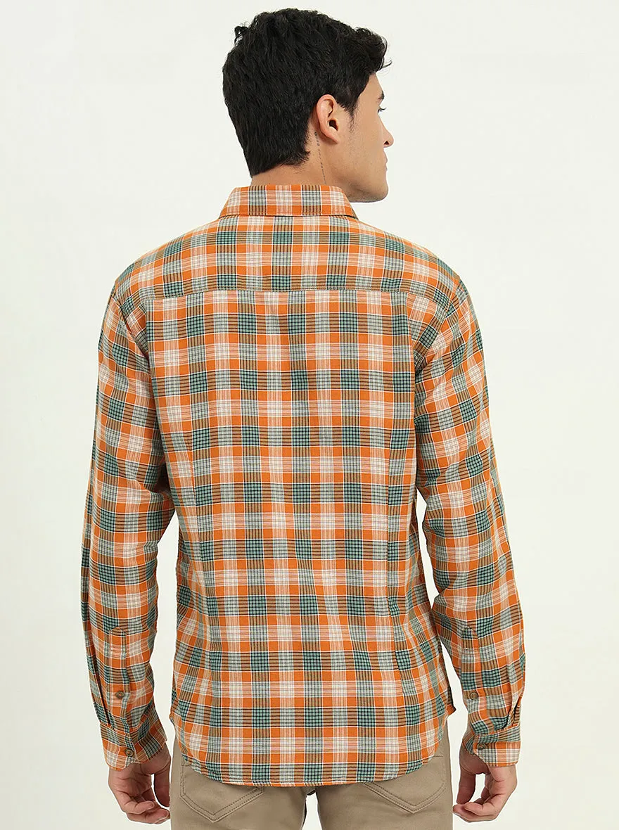 Orange & Green Checked Slim Fit Casual Shirt | Greenfibre