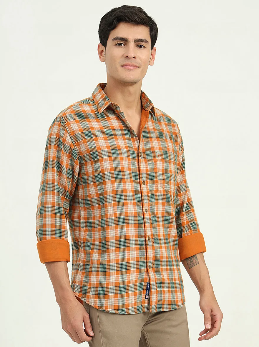 Orange & Green Checked Slim Fit Casual Shirt | Greenfibre
