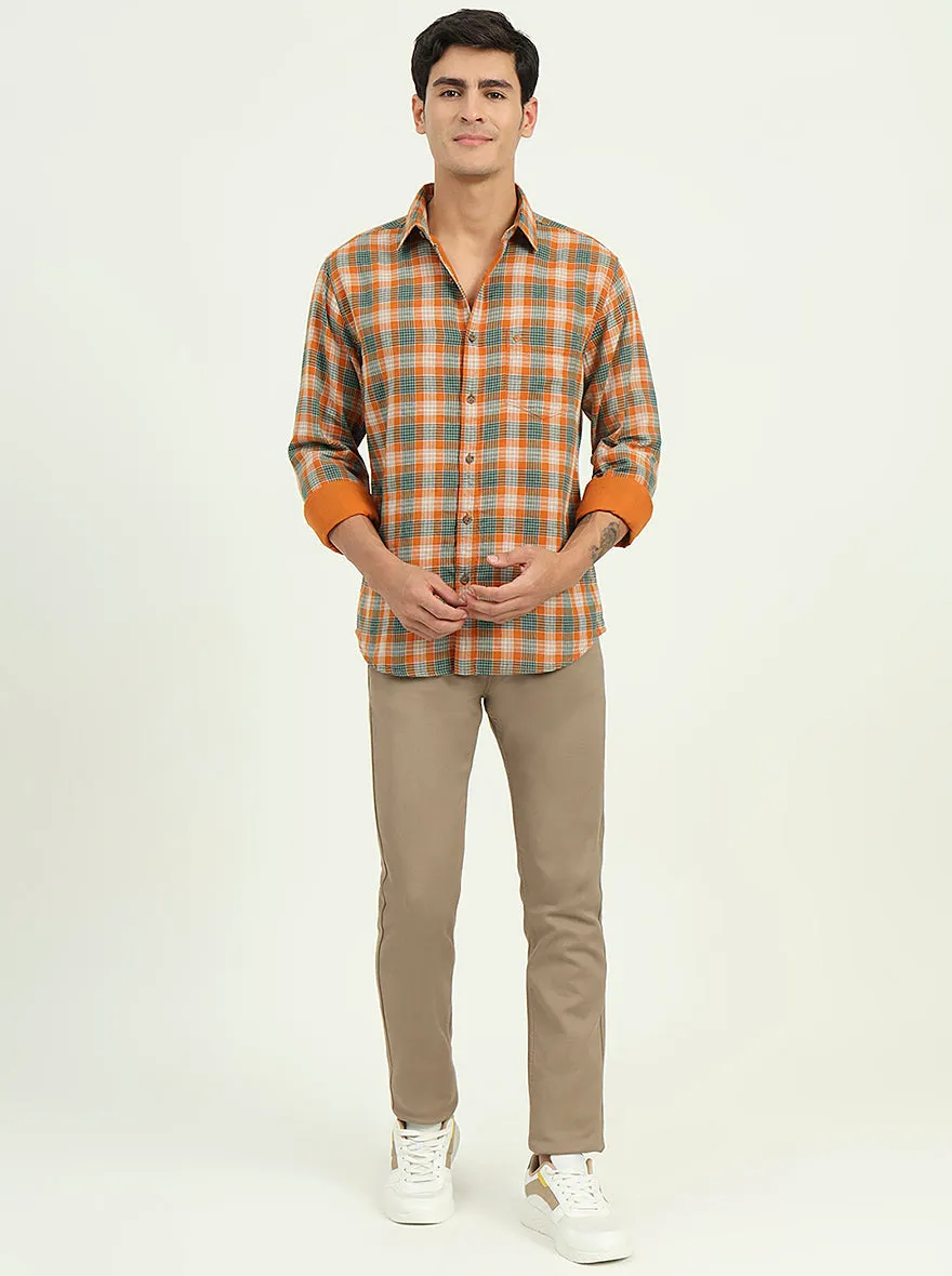 Orange & Green Checked Slim Fit Casual Shirt | Greenfibre