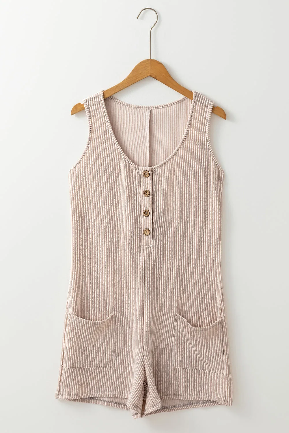 Parchment Corded Knit Side Pockets Buttoned Sleeveless Romper