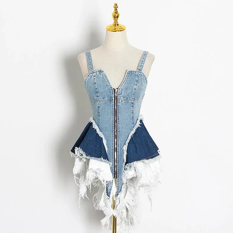 Patchwork Denim Sexy Vests For Sleeveless