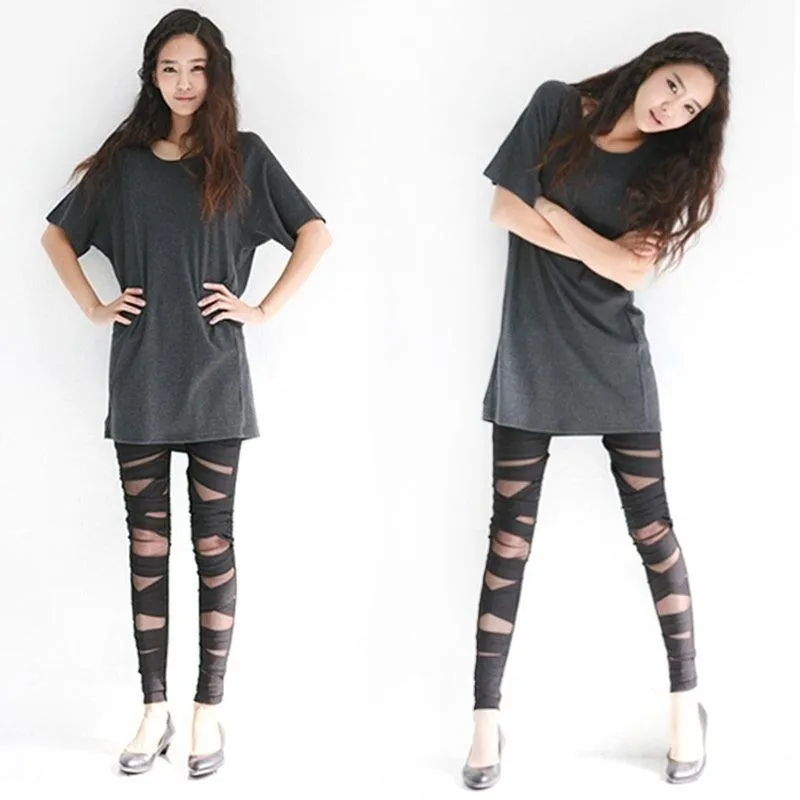 Perspective Mesh Leather Cross Bundled Leggings for Women