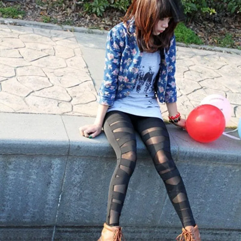 Perspective Mesh Leather Cross Bundled Leggings for Women