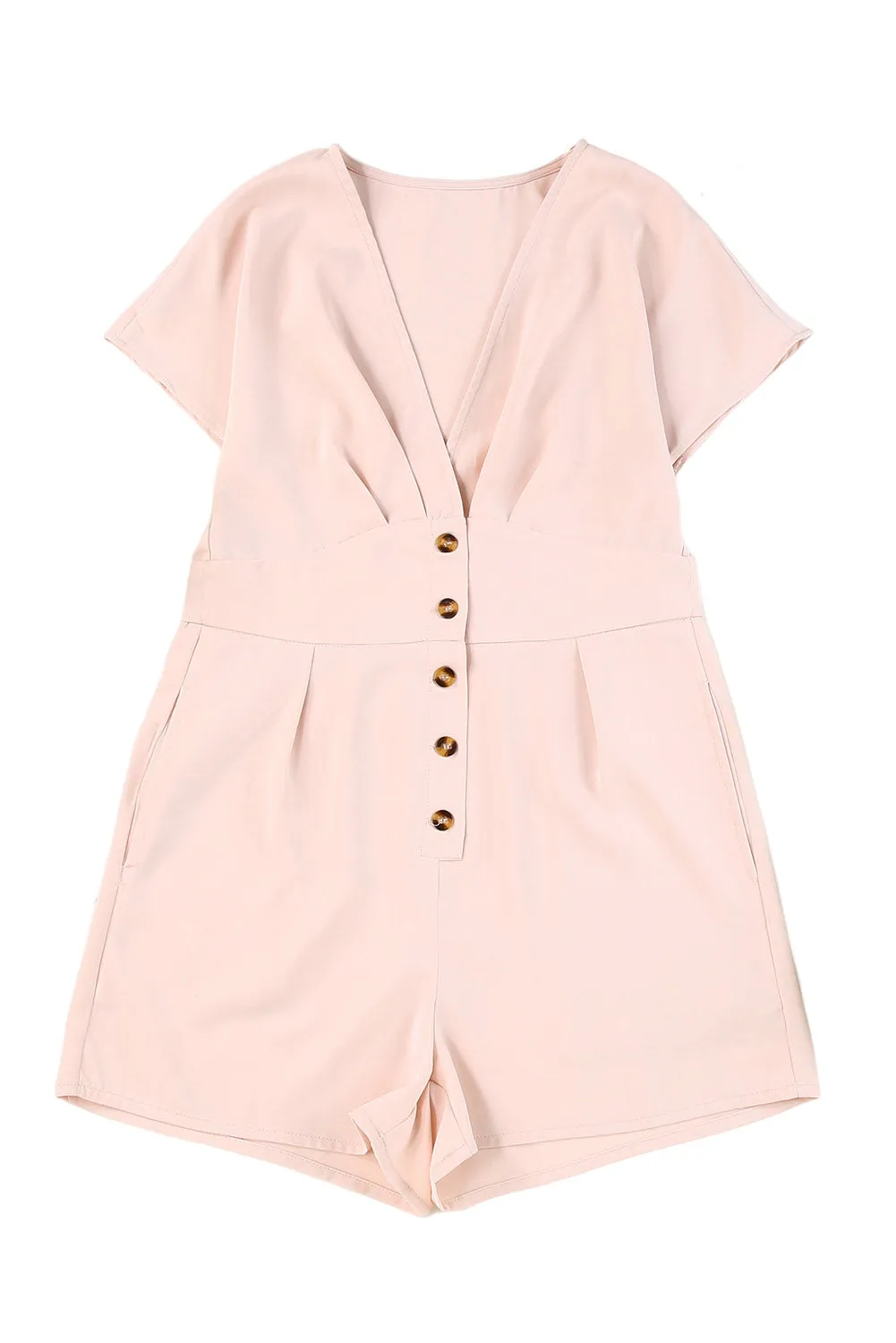 Pink Deep V Neck Buttoned High Waist Romper