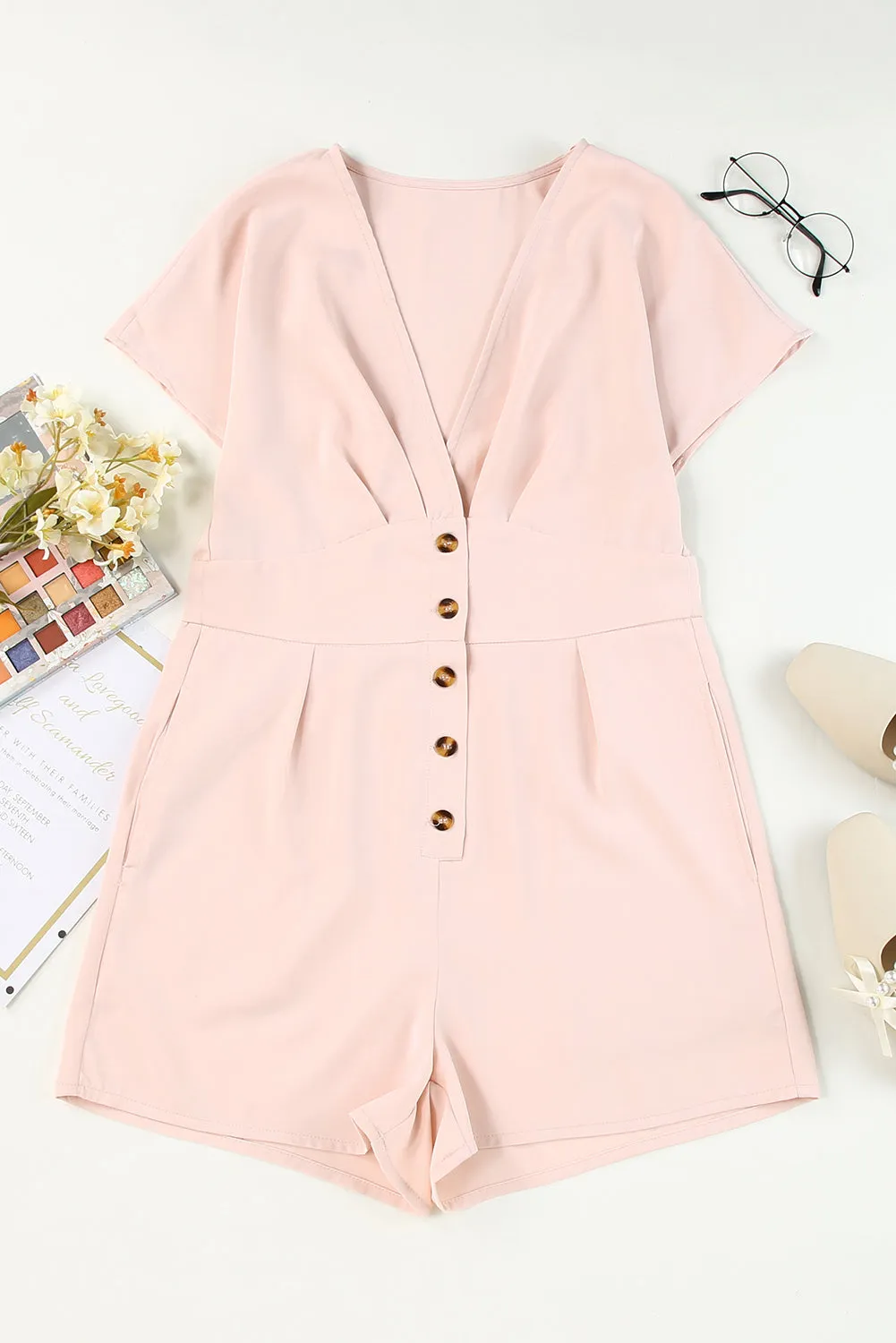Pink Deep V Neck Buttoned High Waist Romper