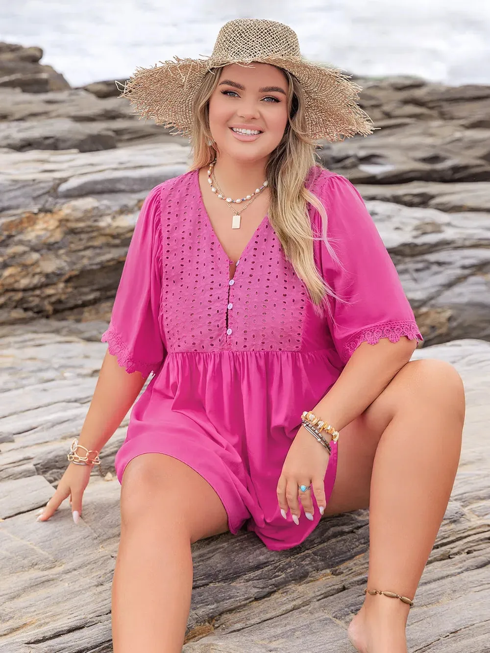 Plus Size Lace Detail V-Neck Half Sleeve Romper