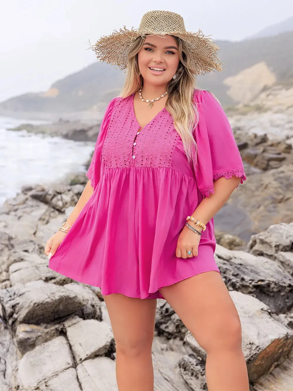 Plus Size Lace Detail V-Neck Half Sleeve Romper
