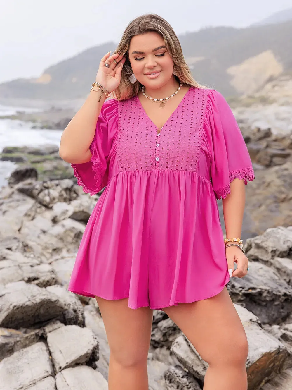 Plus Size Lace Detail V-Neck Half Sleeve Romper