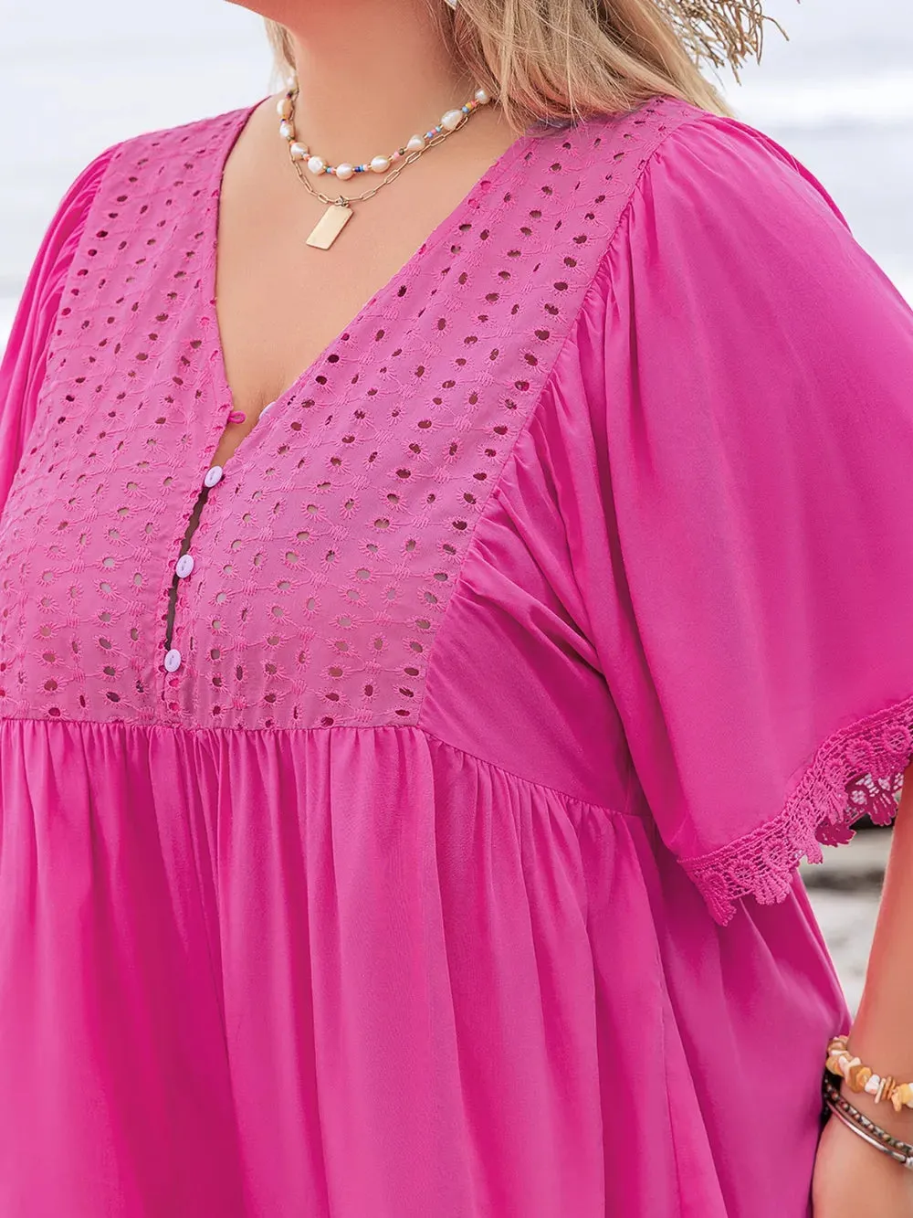 Plus Size Lace Detail V-Neck Half Sleeve Romper