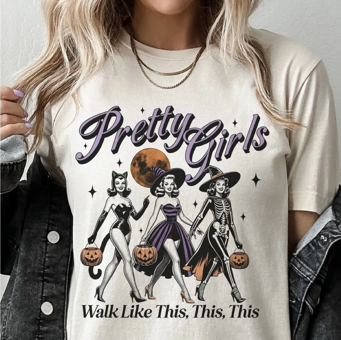 Pretty Girls Walk Halloween Tshirts Autumn Witch Tees-Cream