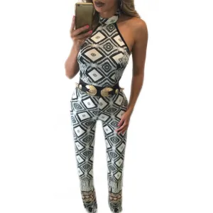 Print Fashion Backless Halter Jumpsuit Bodysuit