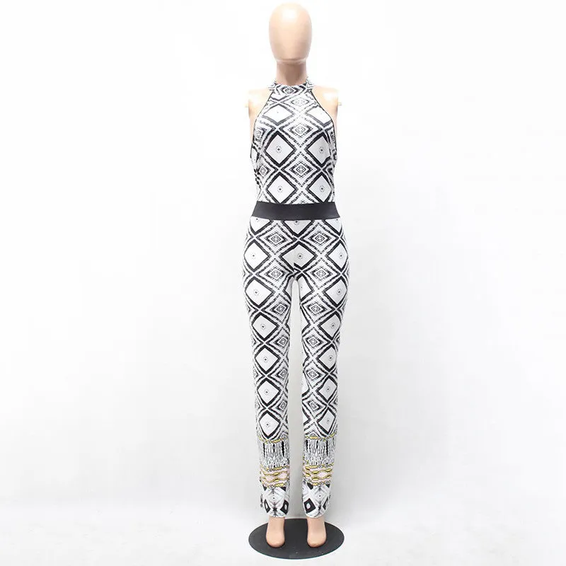 Print Fashion Backless Halter Jumpsuit Bodysuit