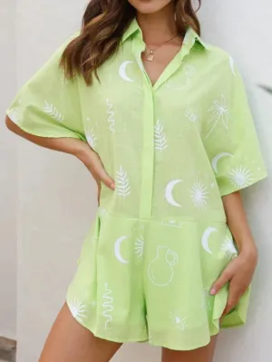 Printed Collared Neck Half Sleeve Romper