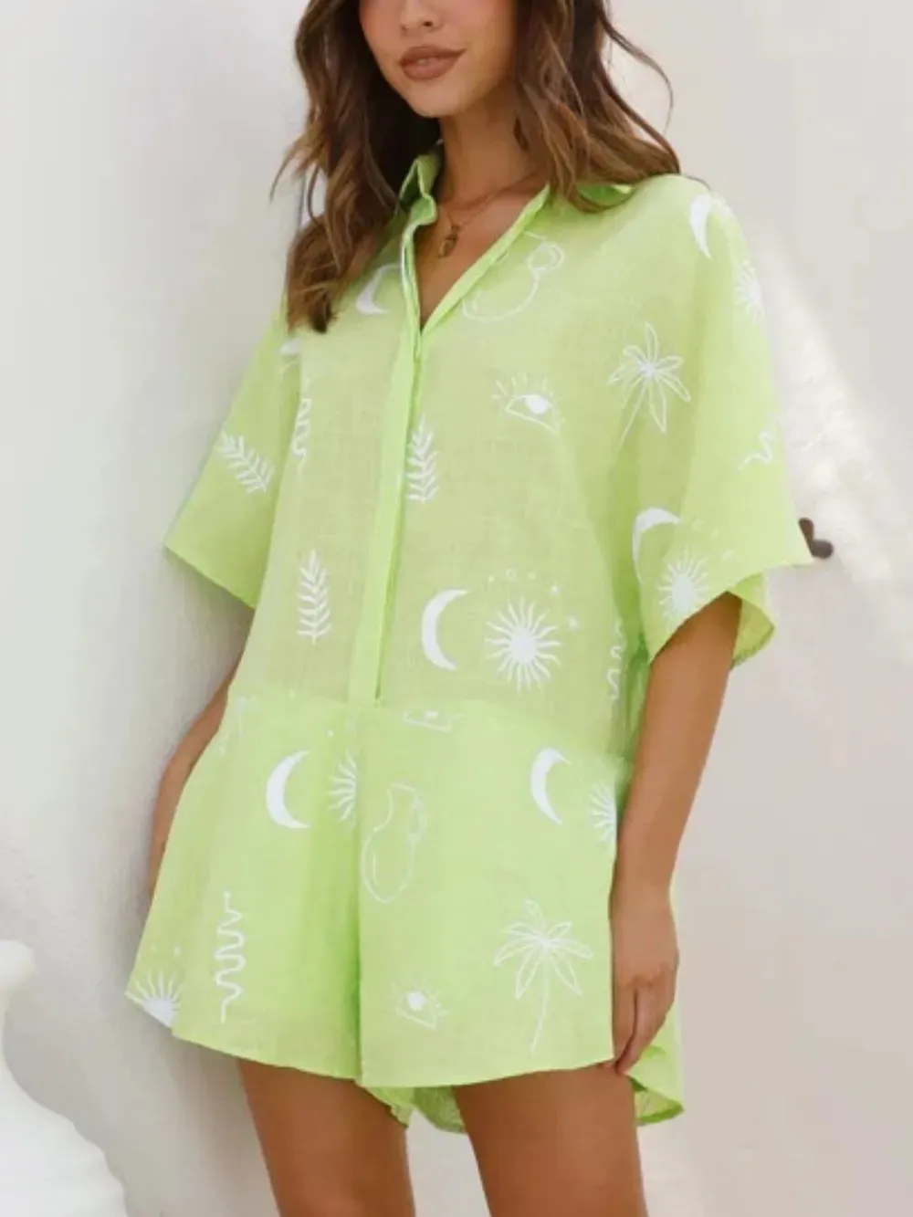 Printed Collared Neck Half Sleeve Romper