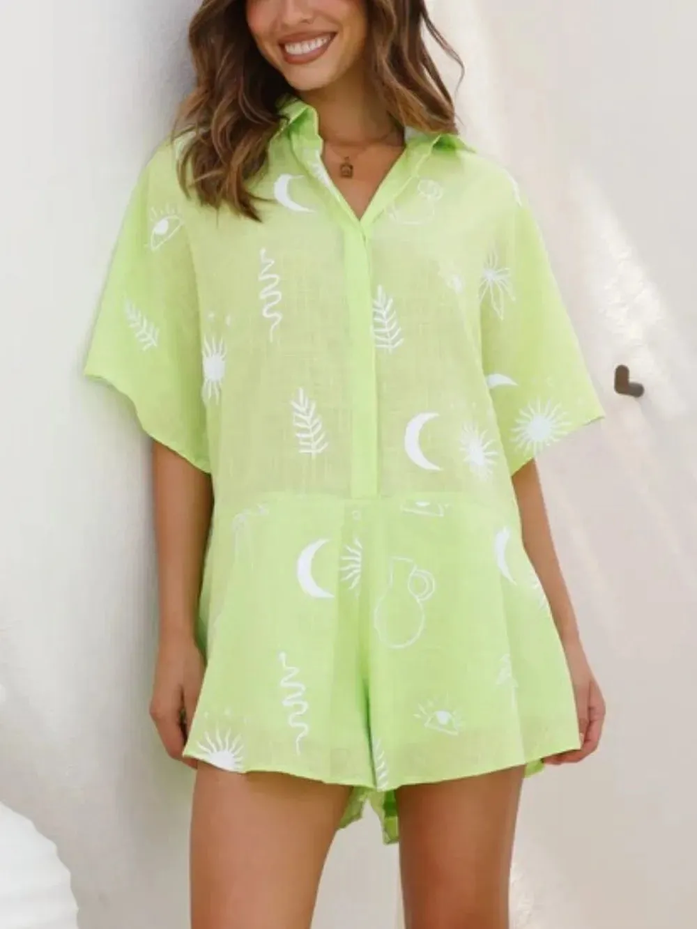 Printed Collared Neck Half Sleeve Romper