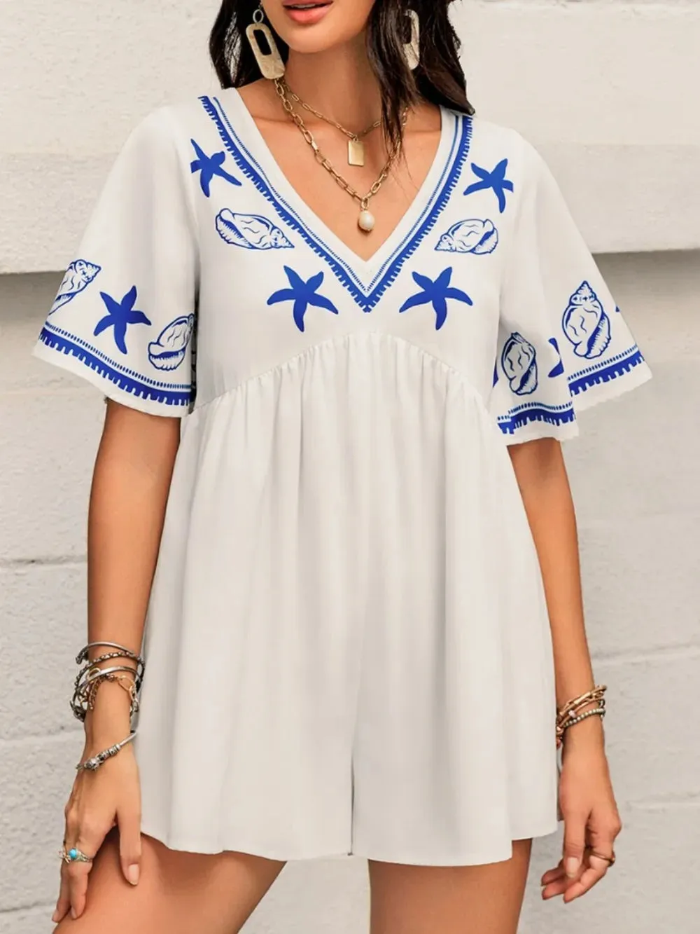 Printed V-Neck Half Sleeve Romper