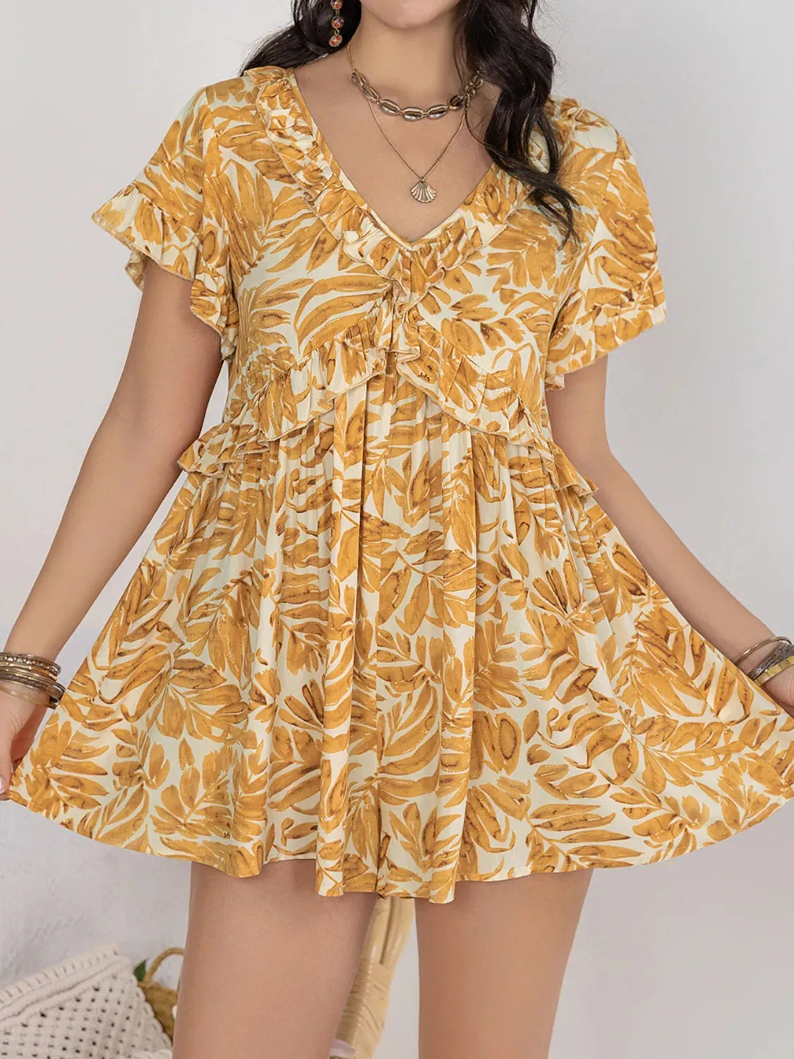Printed V-Neck Short Sleeve Romper