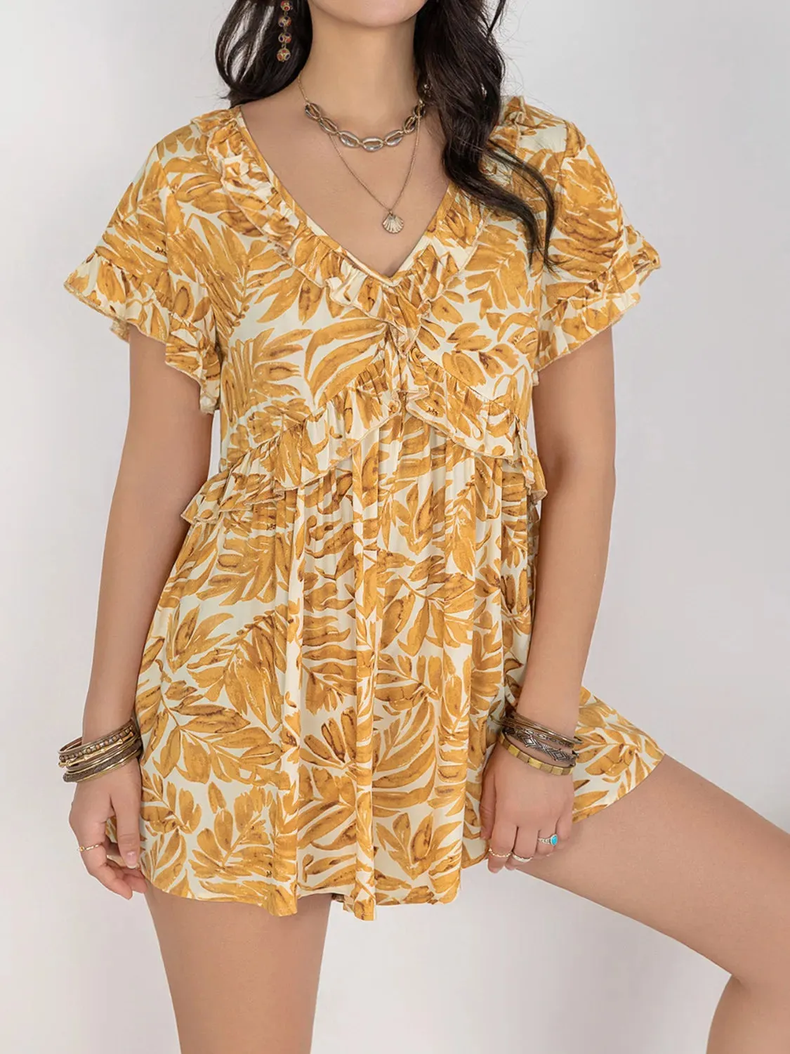 Printed V-Neck Short Sleeve Romper