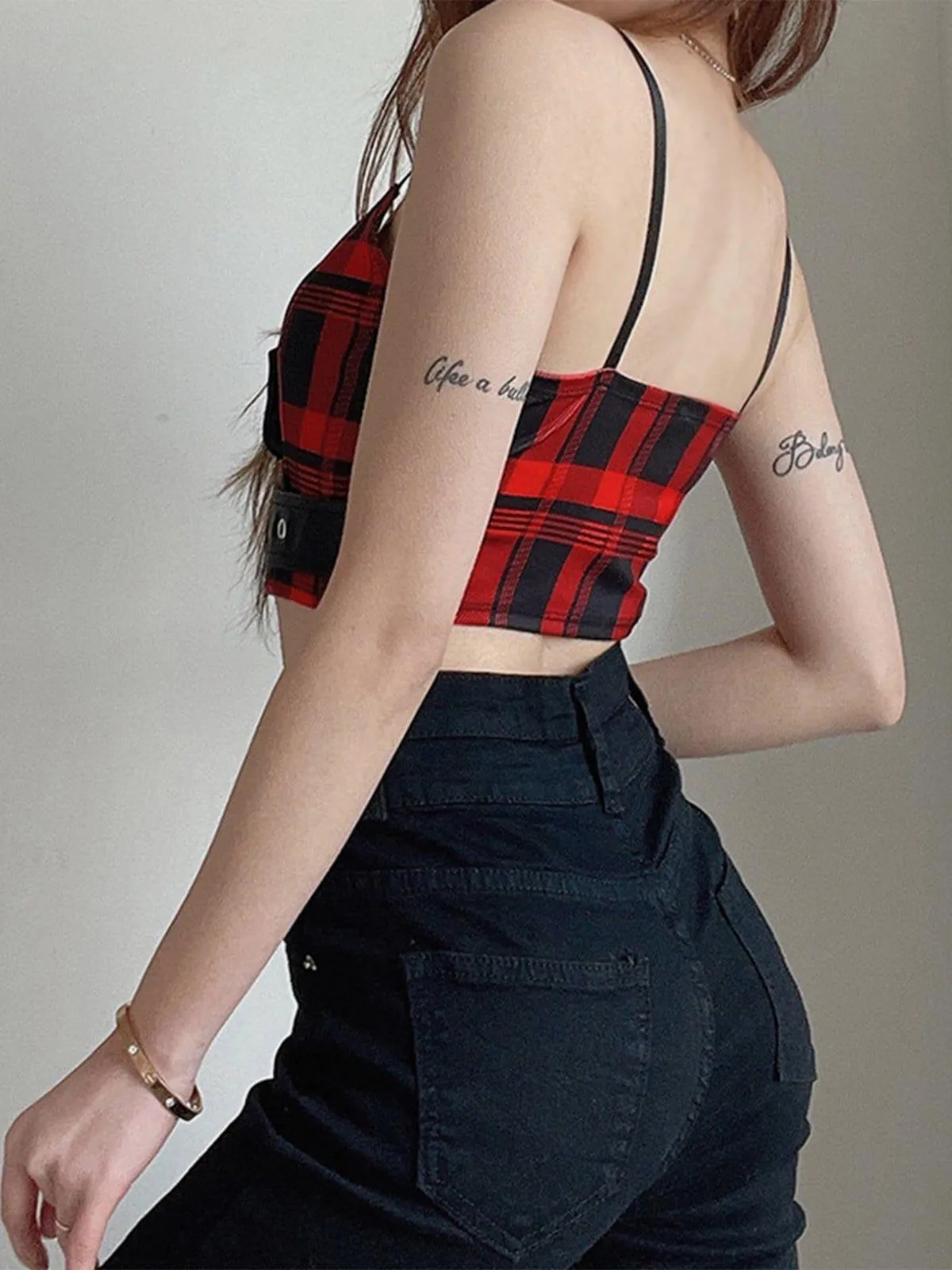 PU Buckle Patchwork Plaid Vest