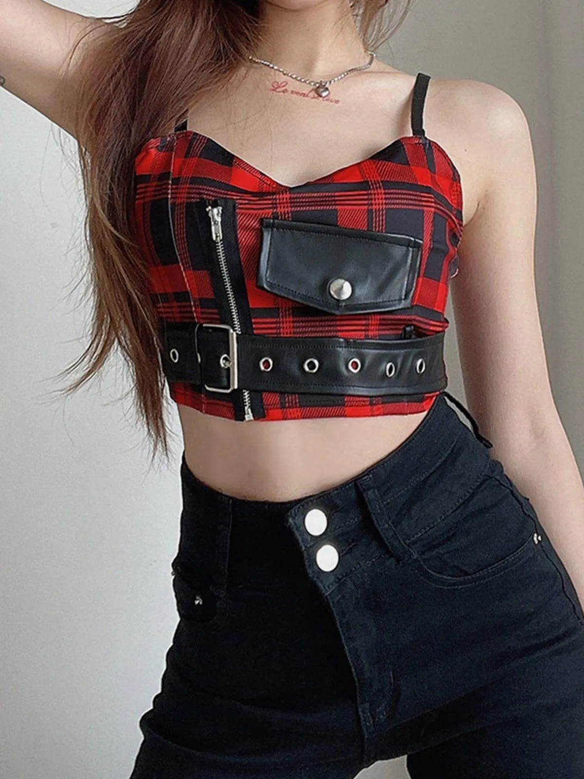 PU Buckle Patchwork Plaid Vest