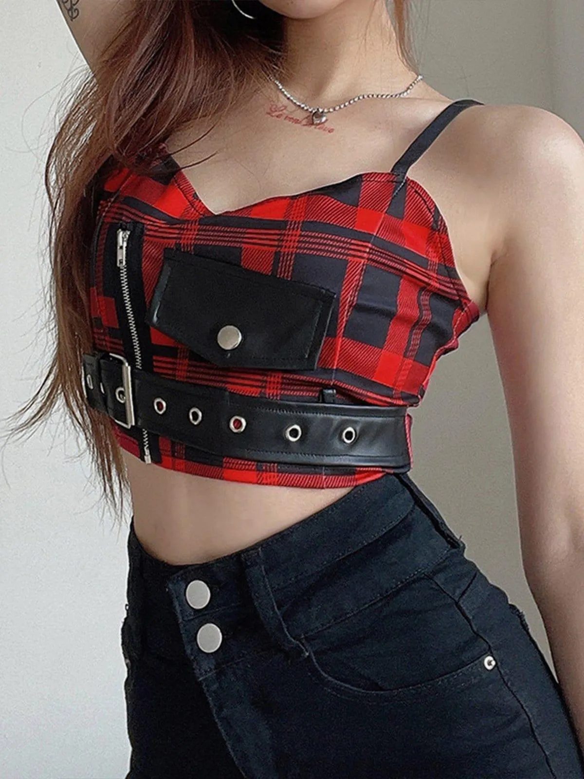 PU Buckle Patchwork Plaid Vest
