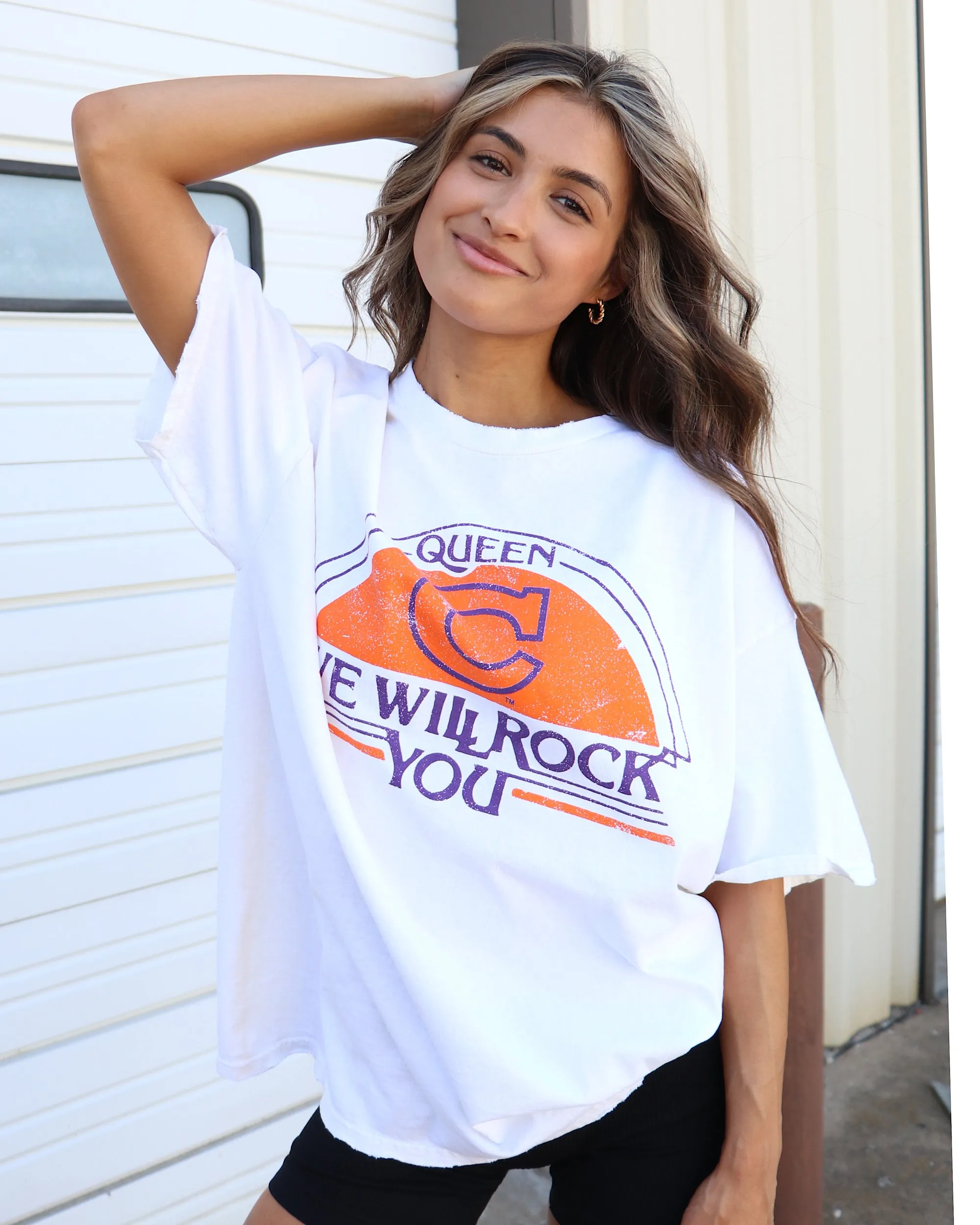Queen Clemson Tigers Will Rock You White Thrifted Tee
