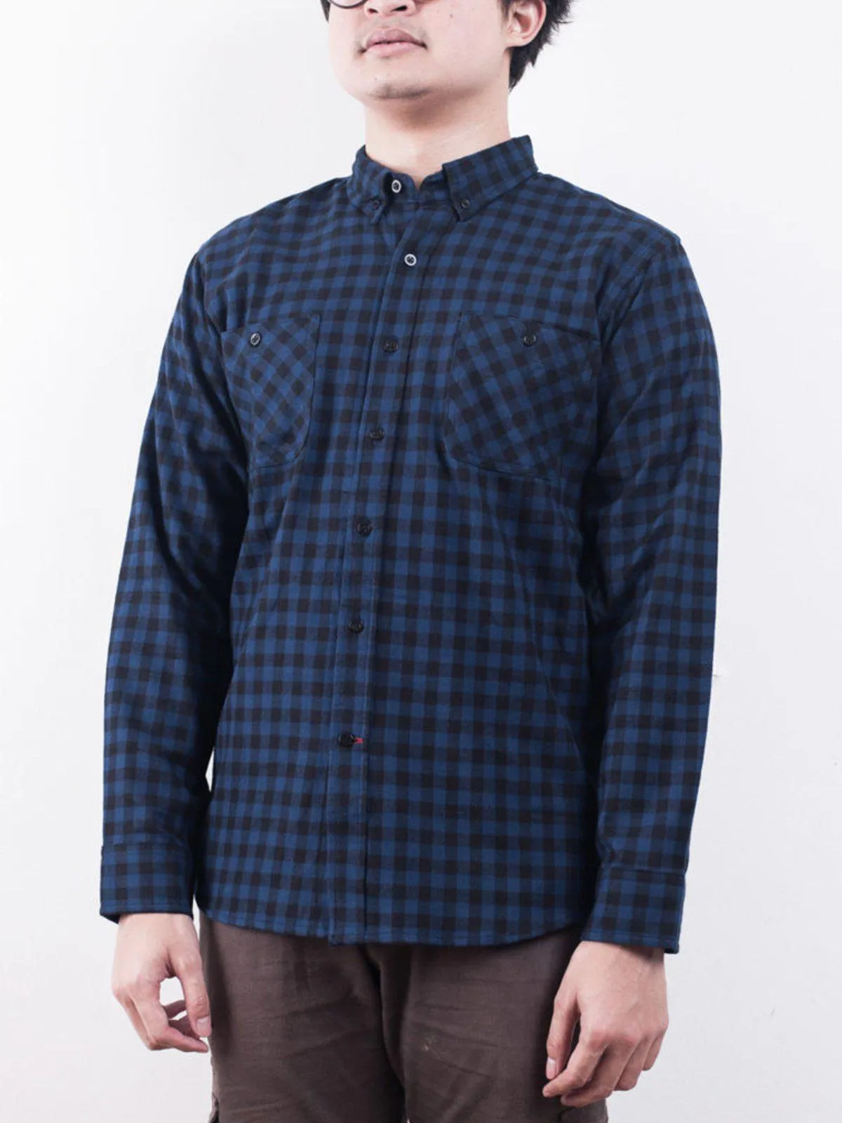 Qutn Button Down Double Pocket LS Blue Black Minicheck Flannel