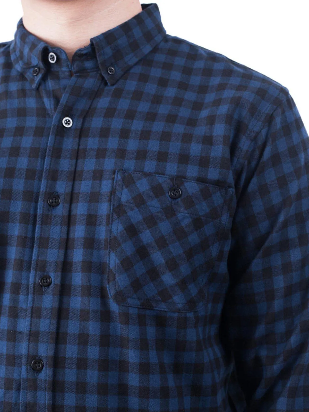 Qutn Button Down Double Pocket LS Blue Black Minicheck Flannel