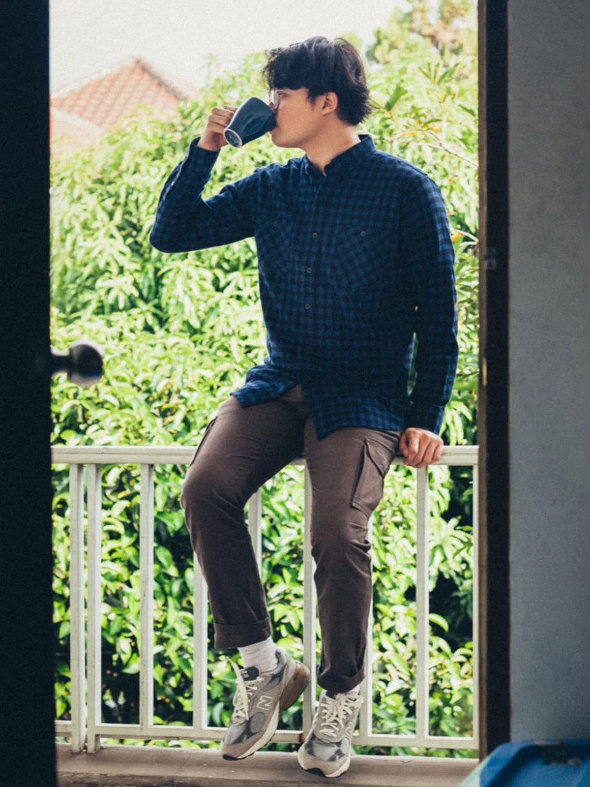 Qutn Button Down Double Pocket LS Blue Black Minicheck Flannel