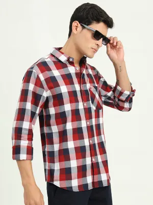 Red & White Checked Slim Fit Casual Shirt | Greenfibre