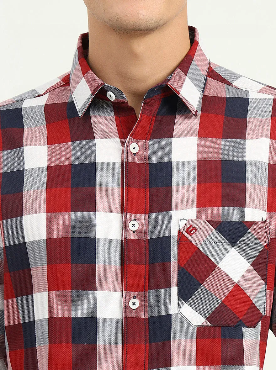 Red & White Checked Slim Fit Casual Shirt | Greenfibre