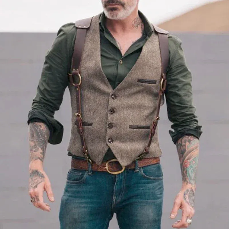 Retro Patchwork Imitation Leather Vest Mens Jackets Single Breasted Casual For Men Suits Business Slim Fit Costume Gilet Homme