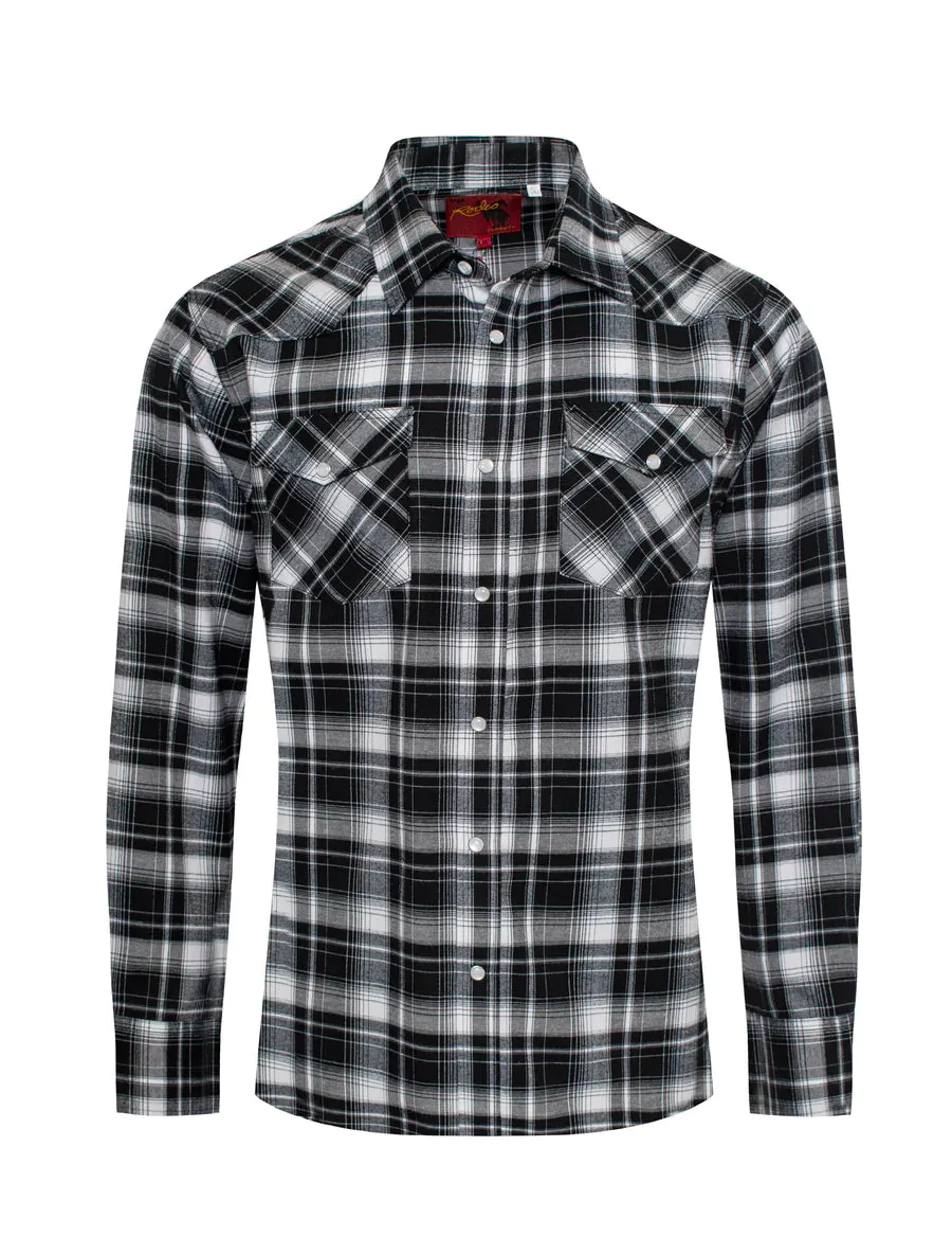 Rodeo Clothing Co. Men's Long Sleeve Shirt - Light Flannel Black & White Plaid