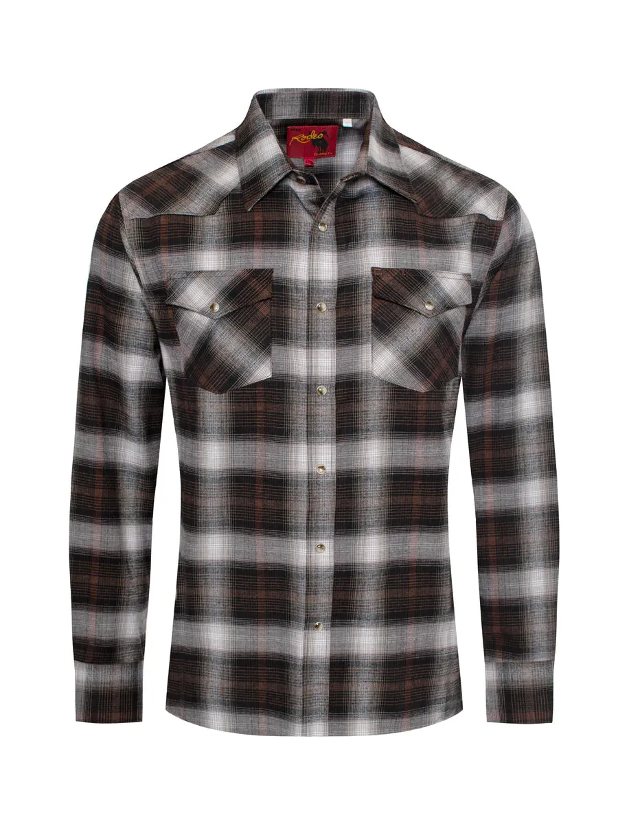 Rodeo Clothing Co. Men's Long Sleeve Shirt - Light Flannel Black, Brown & Grey Plaid