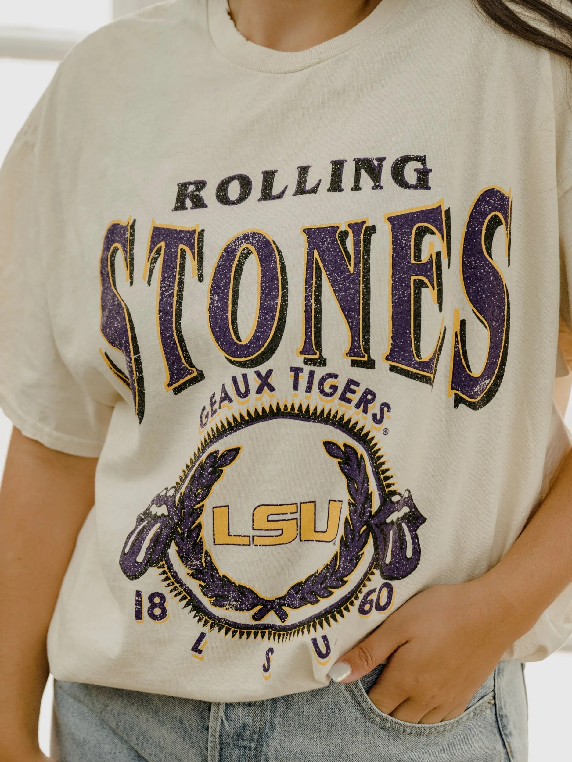 Rolling Stones LSU Tigers College Seal Off White Thrifted Tee