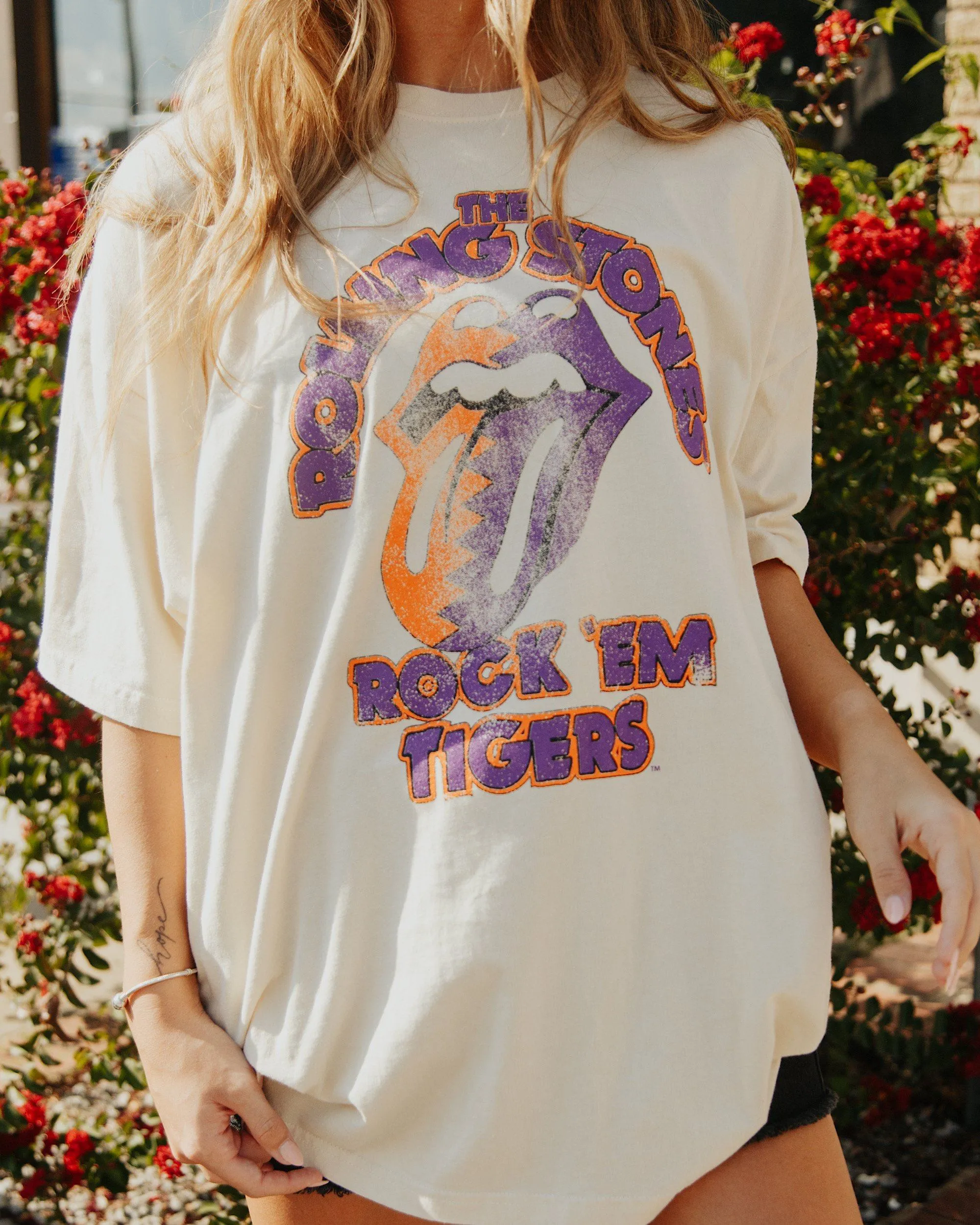 Rolling Stones Rock 'Em Clemson Tigers Off White Thrifted Tee