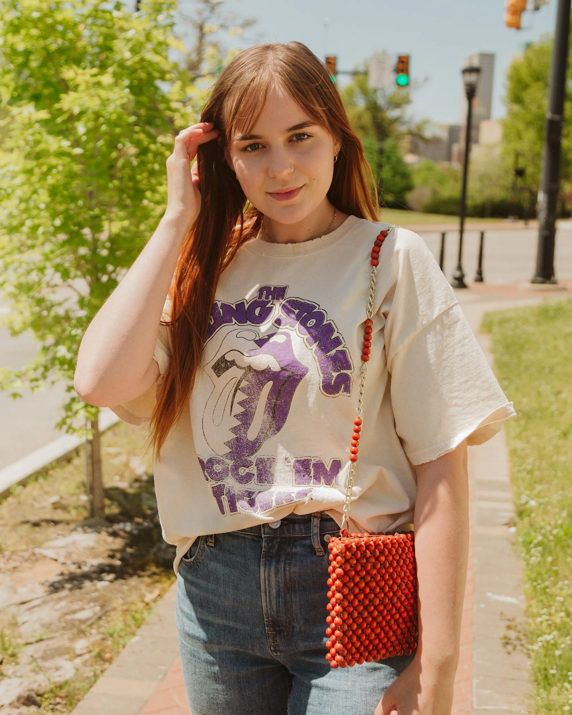 Rolling Stones Rock 'Em LSU Tigers Off White Thrifted Tee