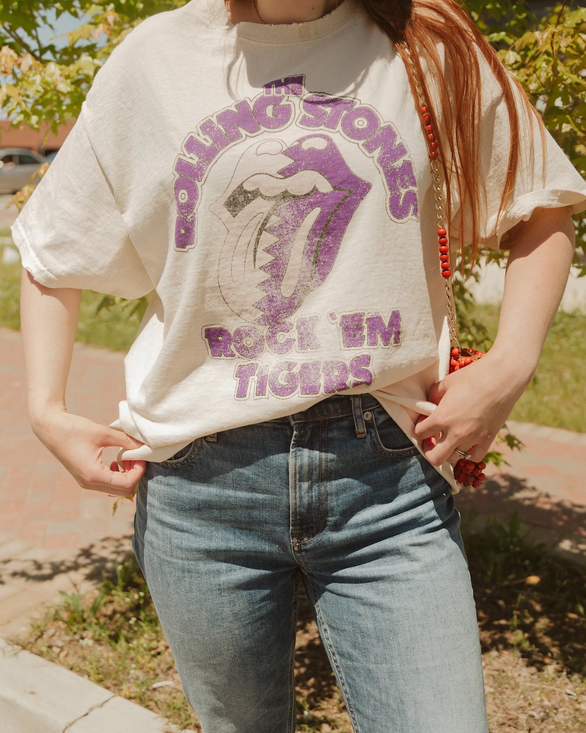Rolling Stones Rock 'Em LSU Tigers Off White Thrifted Tee
