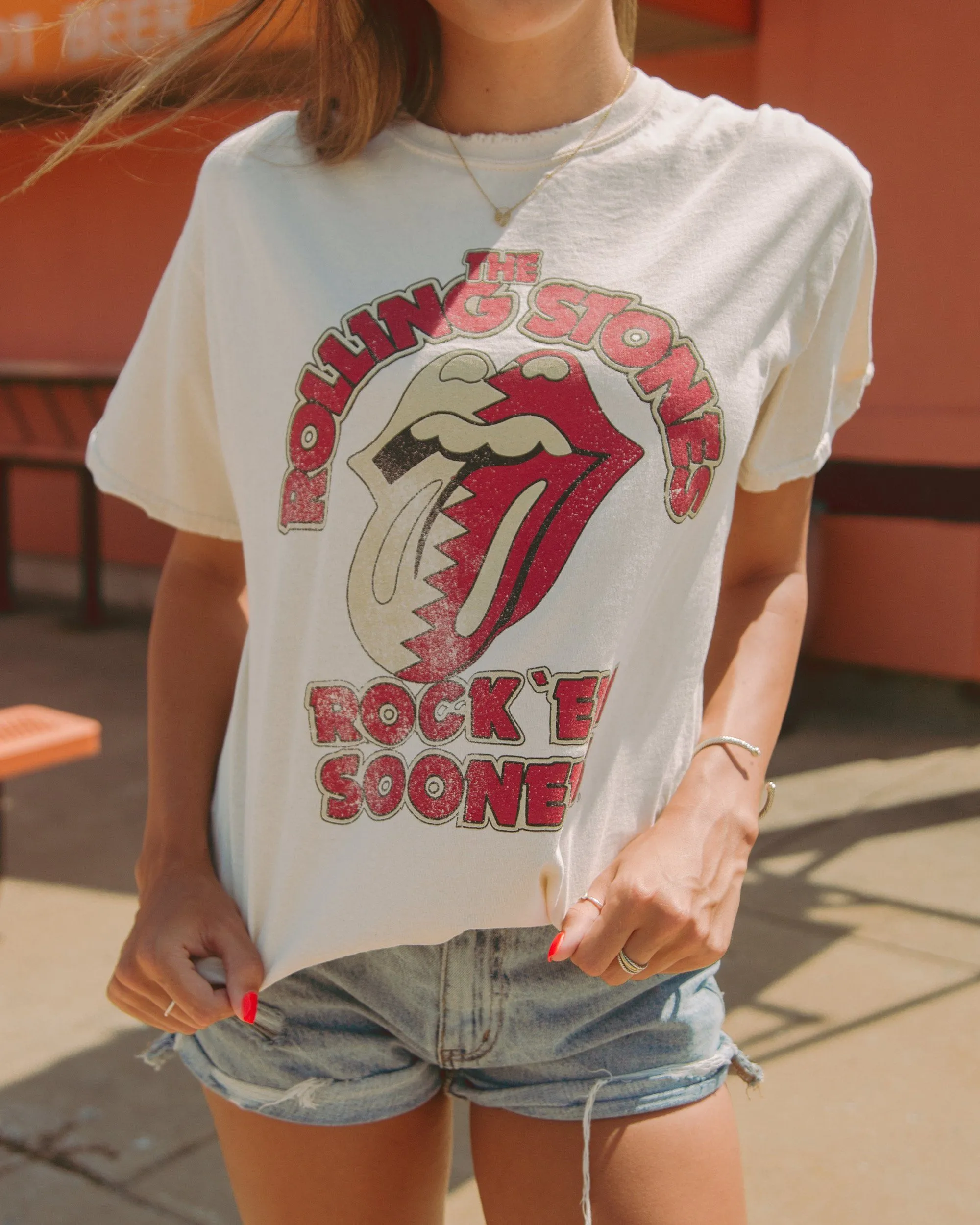 Rolling Stones Rock 'Em Sooners Off White Thrifted Tee