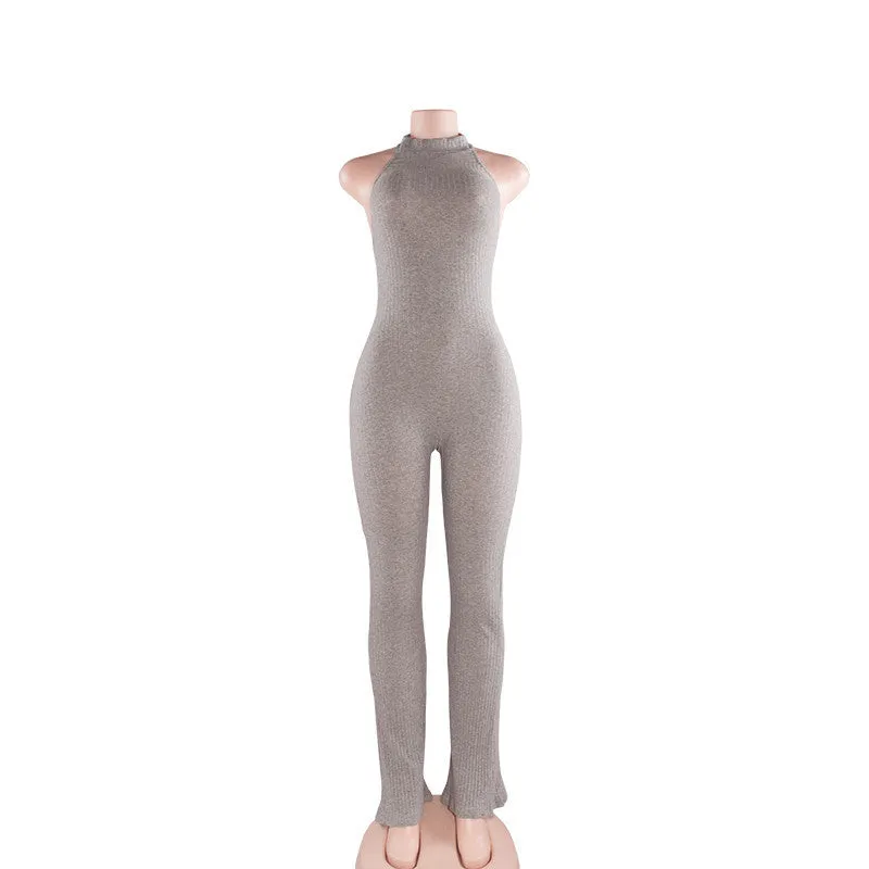 Rompers Women Jumpsuit Fashion Sleeveless Backless Round Neck Knitted Bodycon Grey Long Pant Jumpsuits