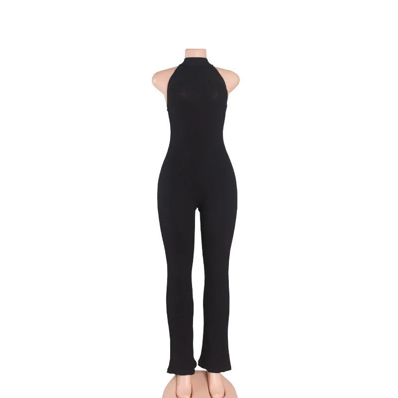 Rompers Women Jumpsuit Fashion Sleeveless Backless Round Neck Knitted Bodycon Grey Long Pant Jumpsuits