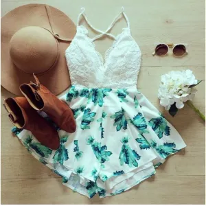 Rompers Womens Jumpsuit Shorts Summer Ladies Rompers Vintage Sexy Backless Lace Printing Jumpsuit Shorts