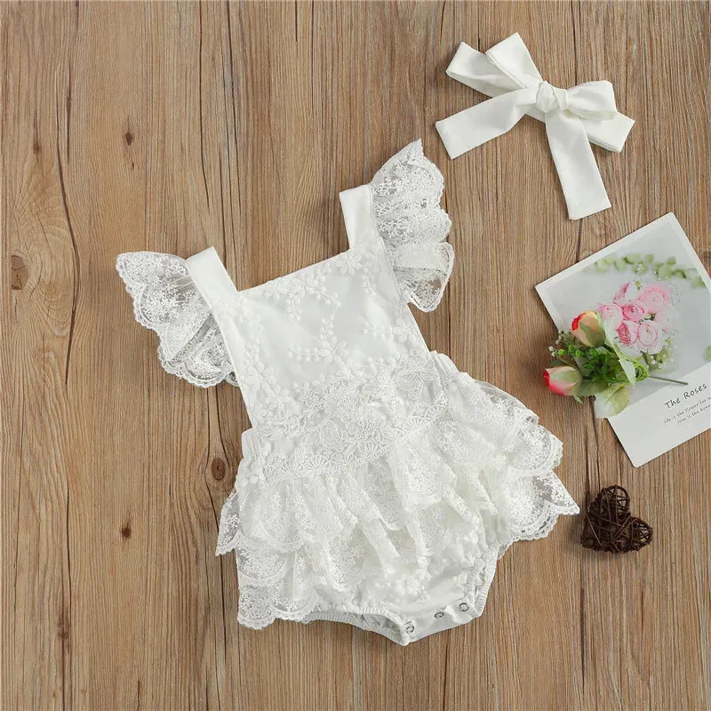 Ruffles Sleeve Baby White  Lace Romper