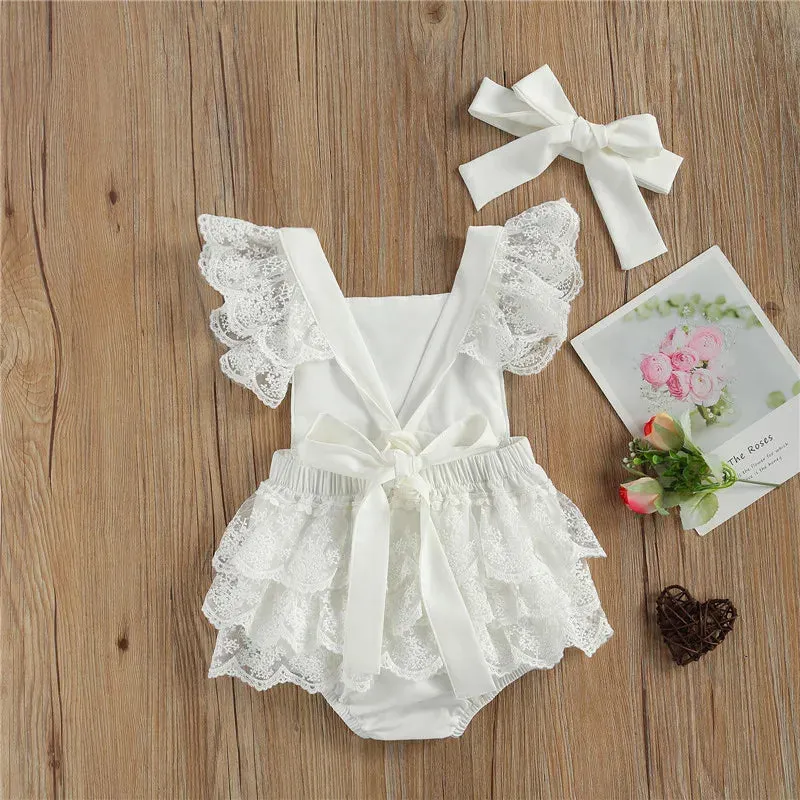 Ruffles Sleeve Baby White  Lace Romper
