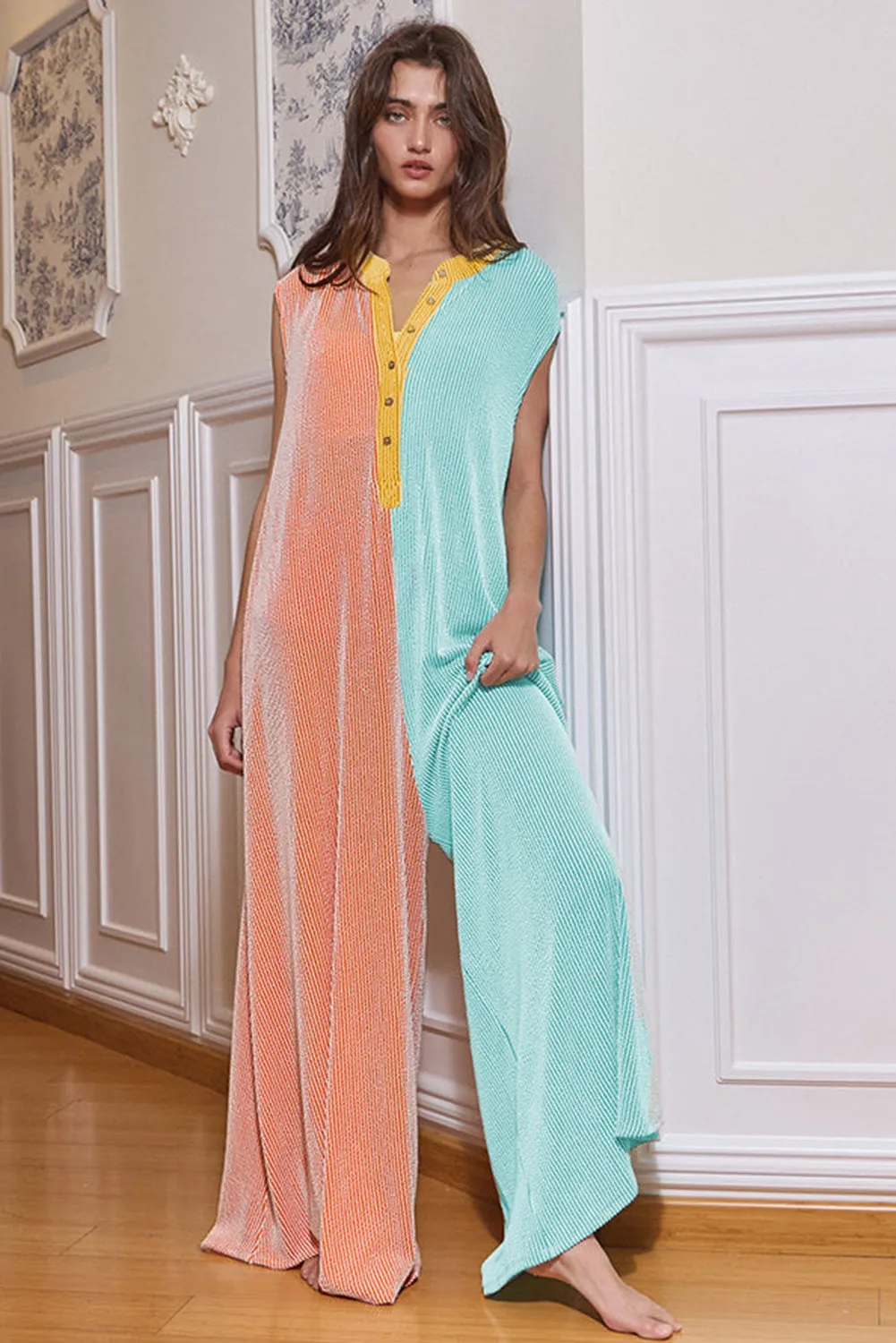 Russet Orange Color Block Corded Knit Buttoned Super Wide Leg Jumpsuit