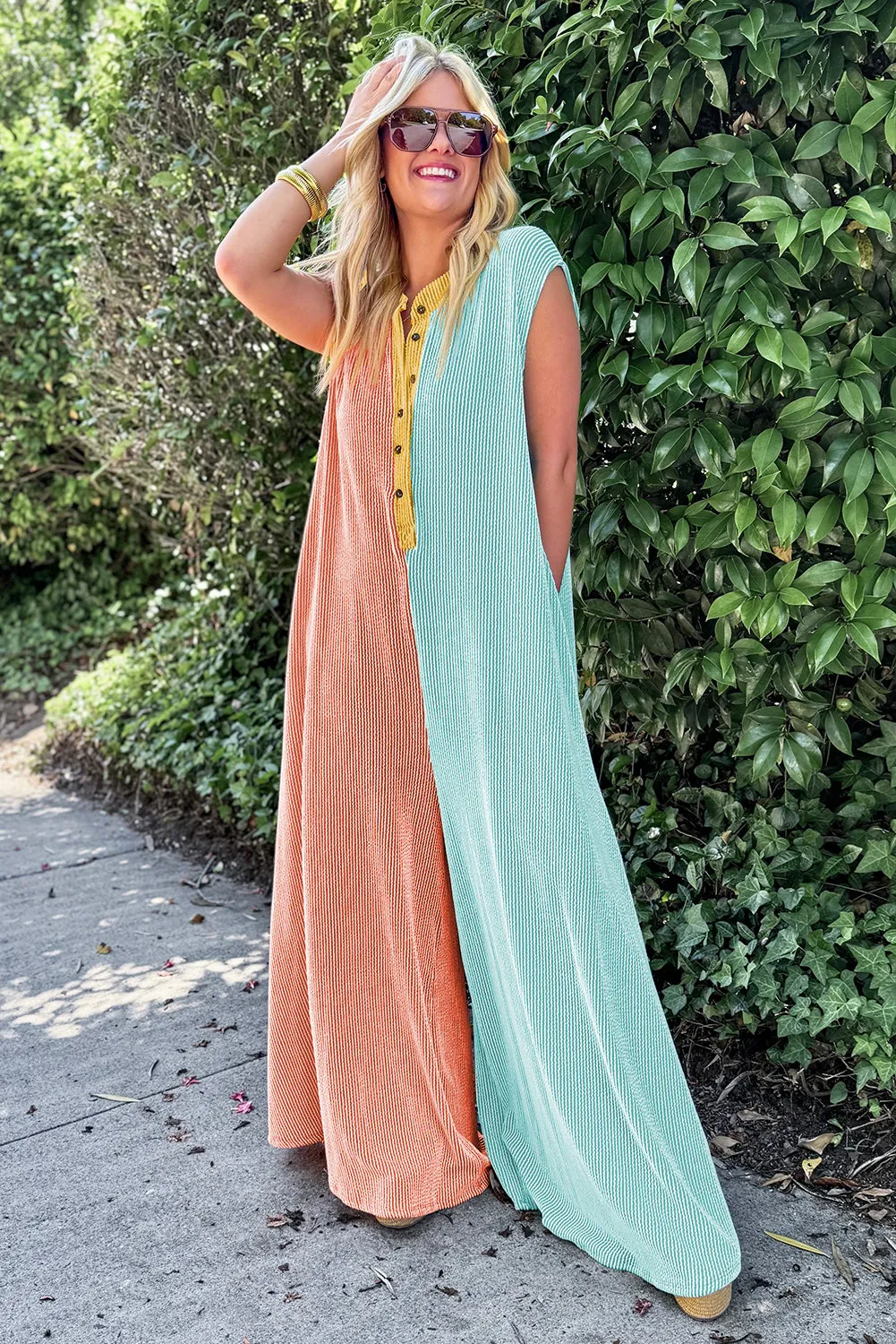 Russet Orange Color Block Corded Knit Buttoned Super Wide Leg Jumpsuit