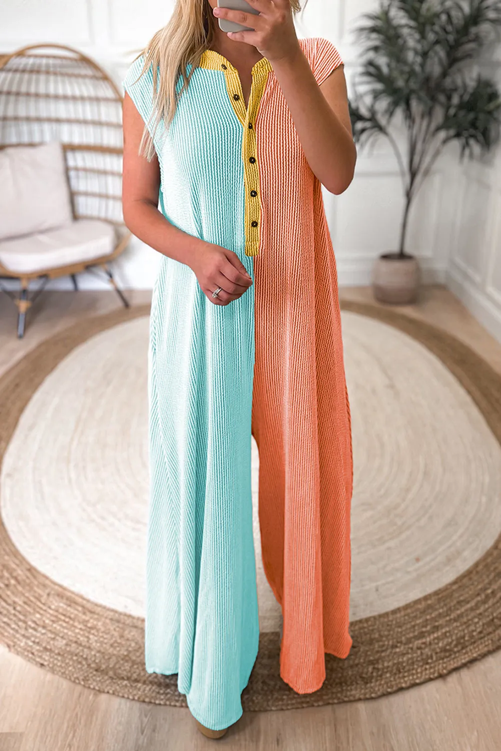 Russet Orange Color Block Corded Knit Buttoned Super Wide Leg Jumpsuit