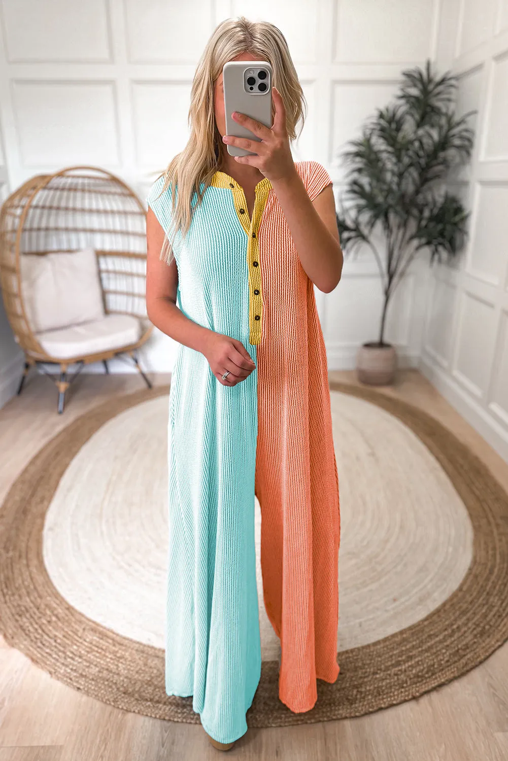 Russet Orange Color Block Corded Knit Buttoned Super Wide Leg Jumpsuit