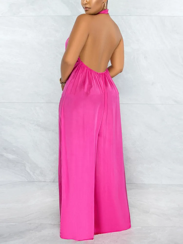 Satin Backless Halter Jumpsuit