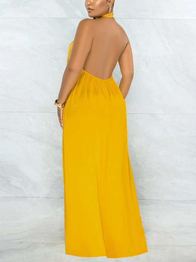 Satin Backless Halter Jumpsuit